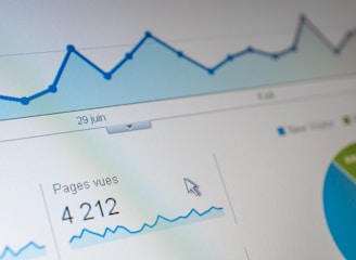 A computer screen displaying a data analytics dashboard with graphs and charts. A blue line graph shows fluctuations in data over time, and a section highlights the number of page views. A pie chart is partially visible, indicating a breakdown of different data elements.